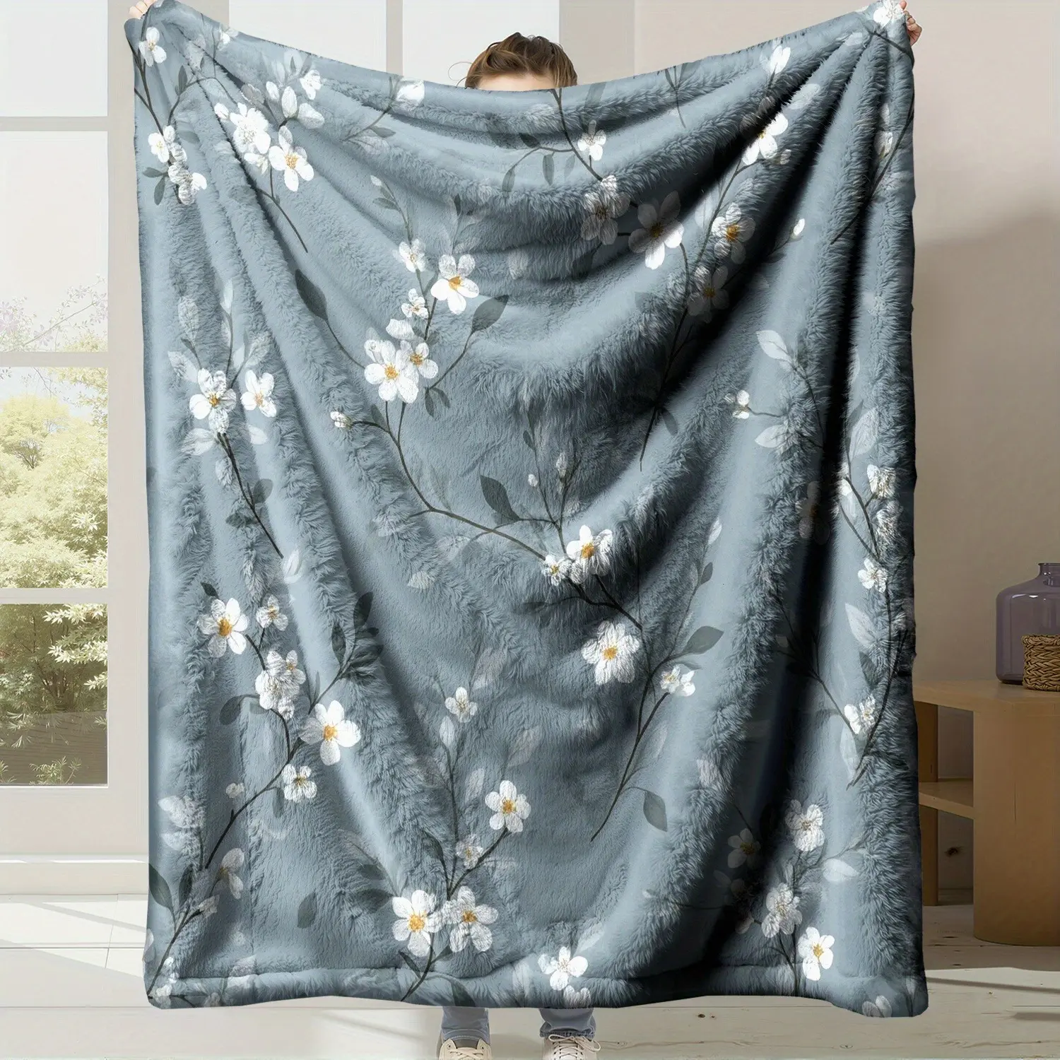 Dusty Blue White Wildflower Branch Flannel Blanket - Soft, Cozy, Minimal Floral Warm Fuzzy Plush Throw, Ideal Birthday Gift for Flower-Loving Women, Neutral Aesthetic Bedroom Sofa Decor