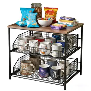 1pc Kitchen Microwave Stand with 2 Drawers, Sturdy Wooden And Metal Construction, Dual-Drawer Open Grid Countertop Stand, Suitable for Kitchen, Office And Apartment Settings, Standing Shelf, Standing Shelf