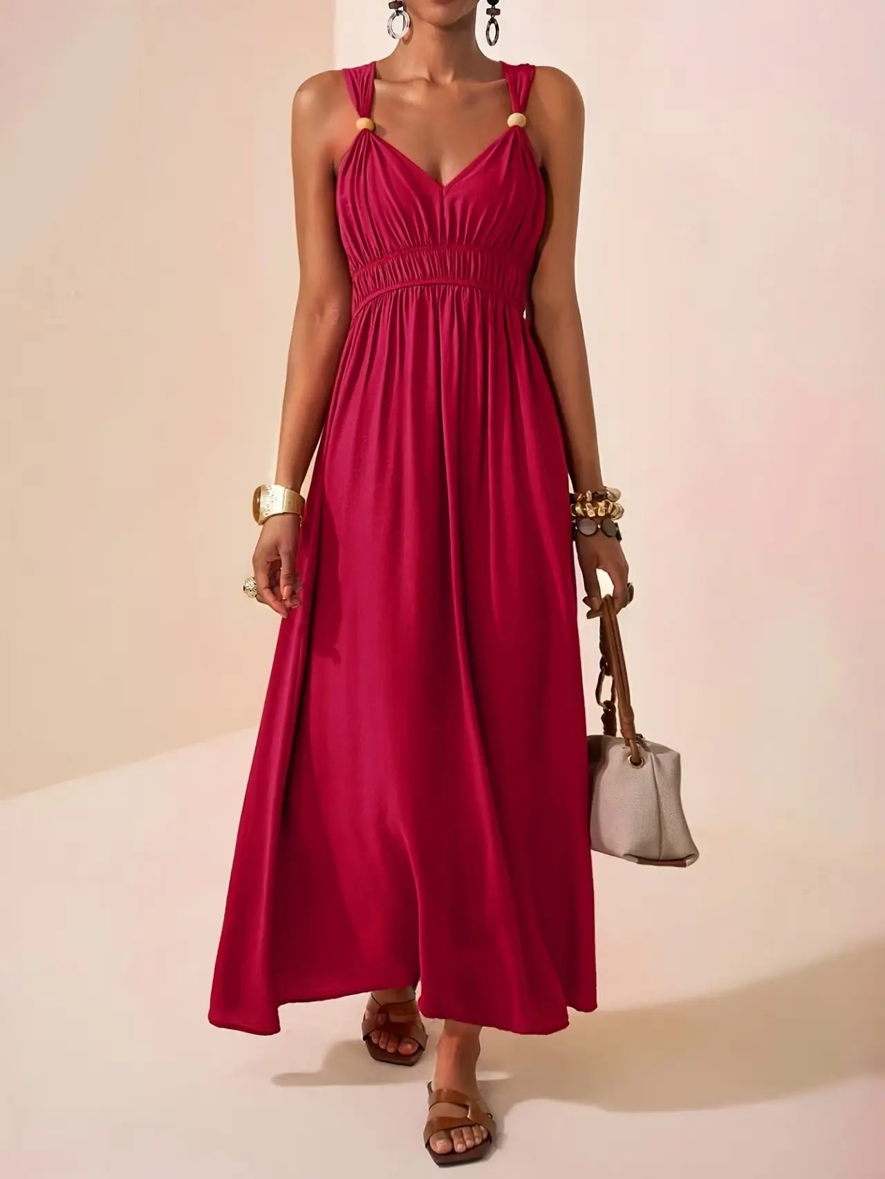 Elegant Red Maxi Dress with V-Neck and Strappy Design for Women