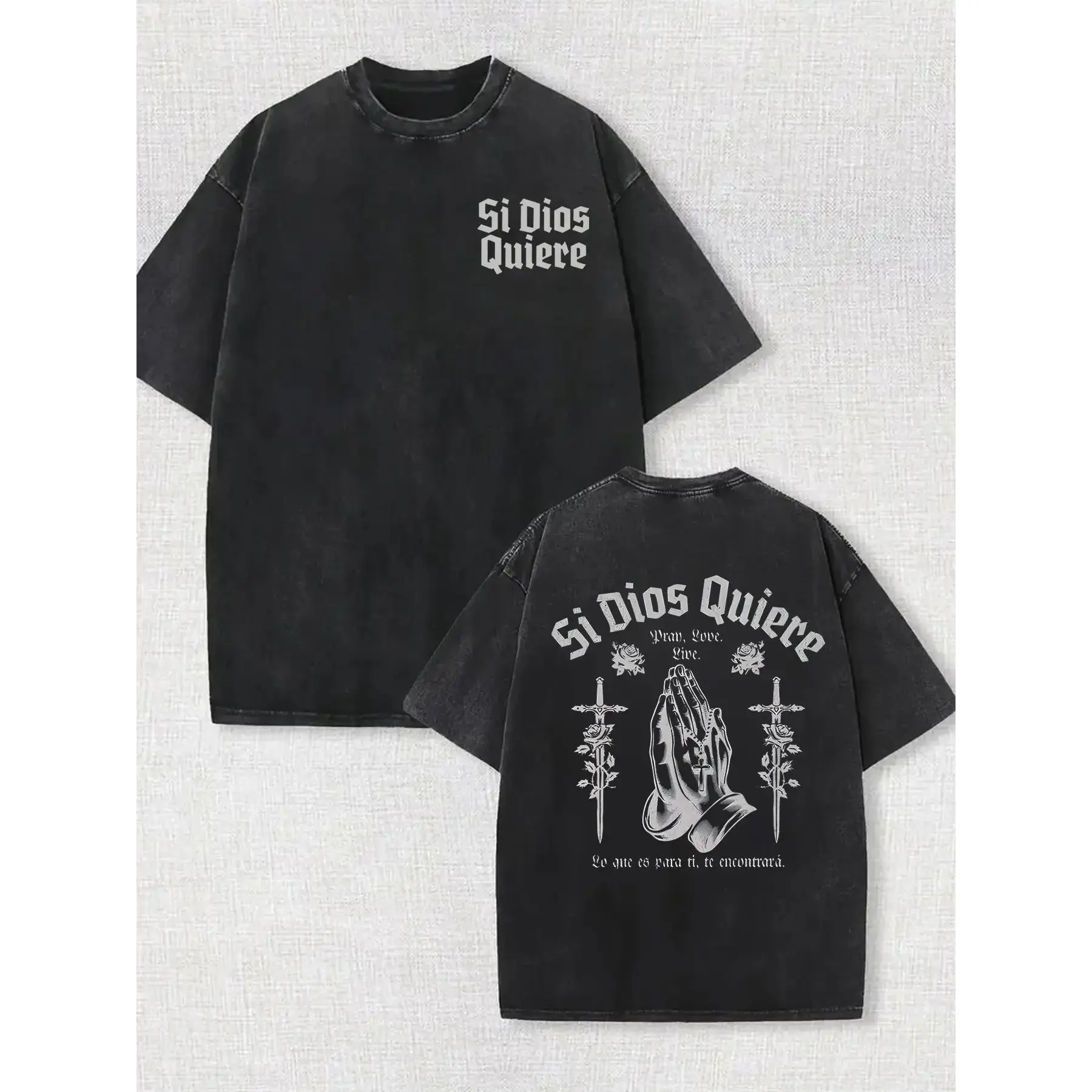 B-Retro "Si Dios Quiere" Print Unisex Loose-Fit T-Shirt | Acid-Washed Heavyweight Vintage Short Sleeve | "Praying Hands & Sword" Motif Trendy Streetwear | Gothic Grunge Aesthetic Flattering Top | 100% Premium Cotton Shirt