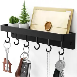 niffgaff Black Key Holder Wall Mount, Stainless Steel Self Adhesive Hooks Rack with Shelf, No Drill Key Hanger for Door and Wall