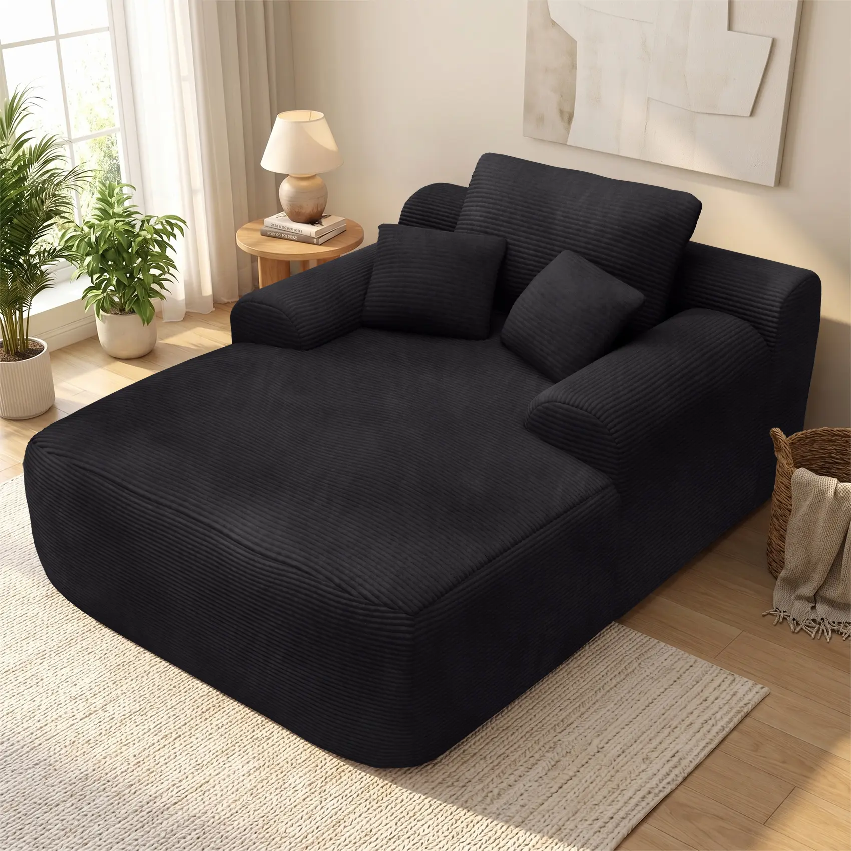 Boneless Couch Bed Chaise Oversized Lounge Series Plush Corduroy 1200LBS Load Bearing ，With Cup holder ，With Storage bag，No Assembly Required 24 Months Warranty，Upholstered Fluffy cloud sofa bed with Throw Pillows,Indoor Sleeper Chair