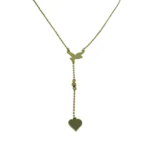 Dove Lariat Necklace Gold Y Shape Adjustable with Bird Heart & Dove Charms Hypoallergenic Stainless Steel 18k Gold Plated Elegant Design