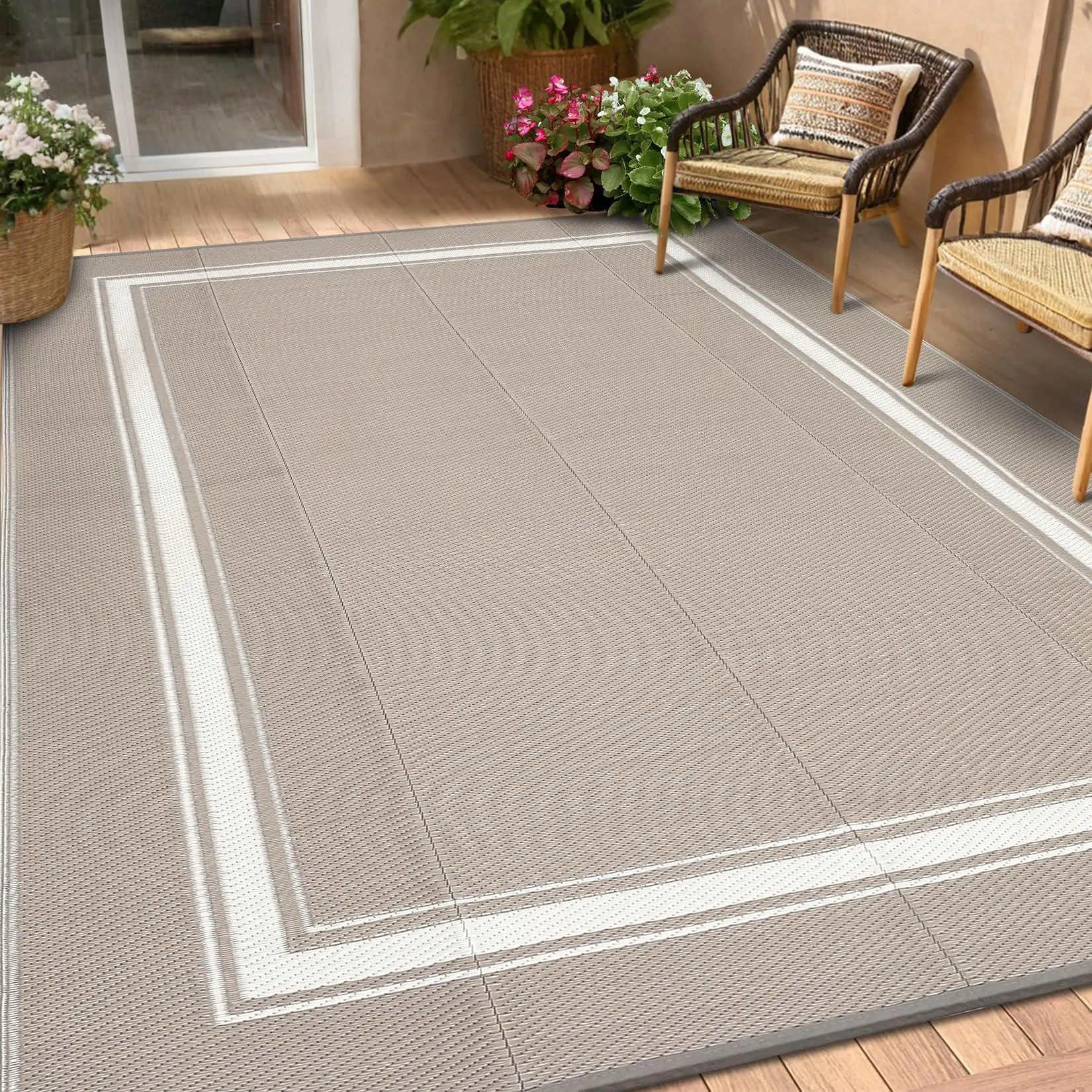 Reversible Outdoor Area Rug - 10x20ft Waterproof UV Resistant Modern Minimalist Rug, Durable Decorative Mat, Easy Clean Collapsible Woven Reversible Floor Cover for Patio, Garden, Gray Coffee, Outdoor Rugs