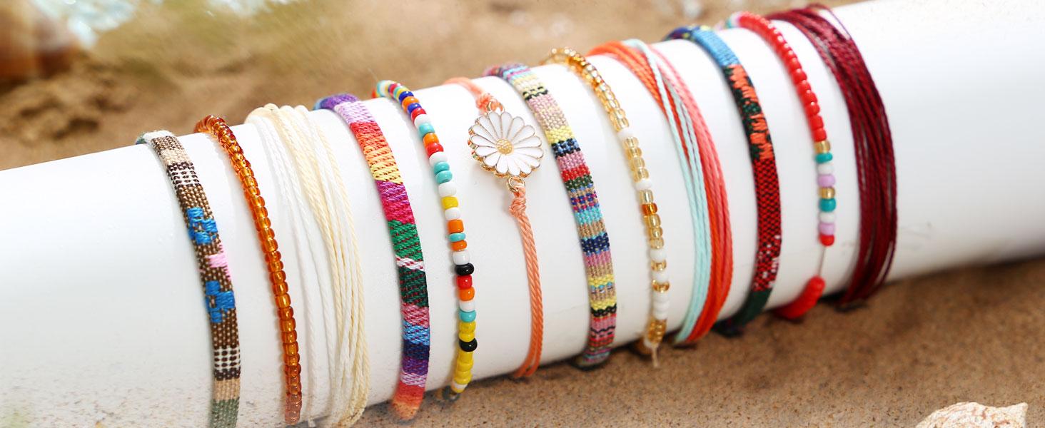 LOLIAS 24 Pieces Waterproof String Bracelets for Women Surfer Wave Boho Bracelet Adjustable Handmade Friendship Bracelet String Ocean Beach Boho Bracelets Anklets for Women