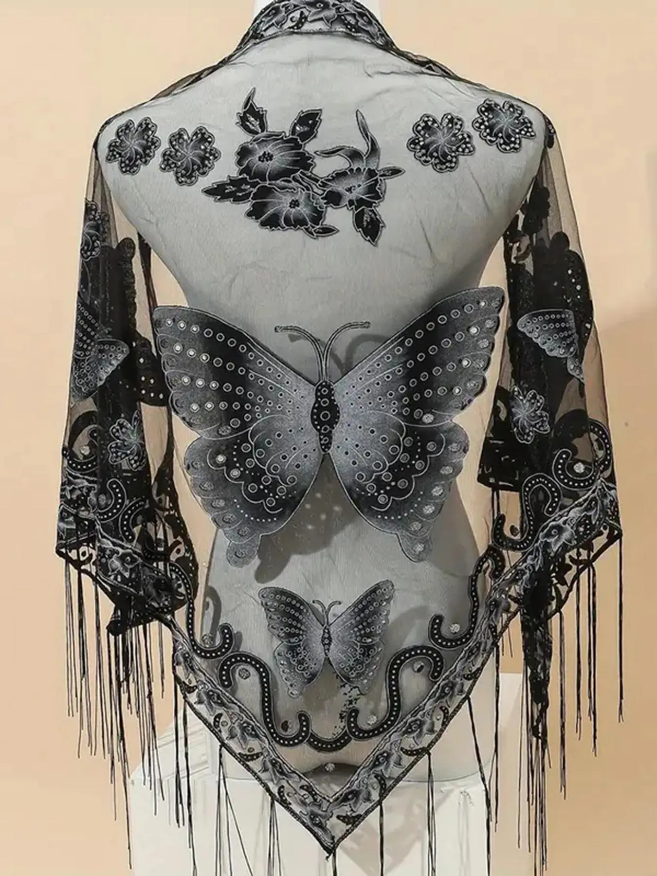Women's Butterfly Embroidered Lace Fringe Trim Scarf, 2024 Trendy Elegant Fashion Long Shawl for Daily Wear, Women's Sheer Design Scarf & Shawl for All Seasons, Femboy Sissy Goth Outfit