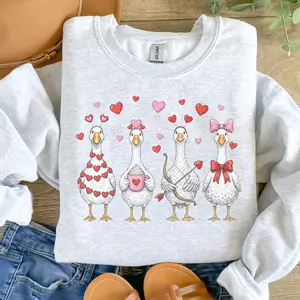 Valentines - V-Day Porch Goose Four Geese In A Row Sweatshirt - Ash Grey - Preppy Fit Aesthetic Jersey Unisex