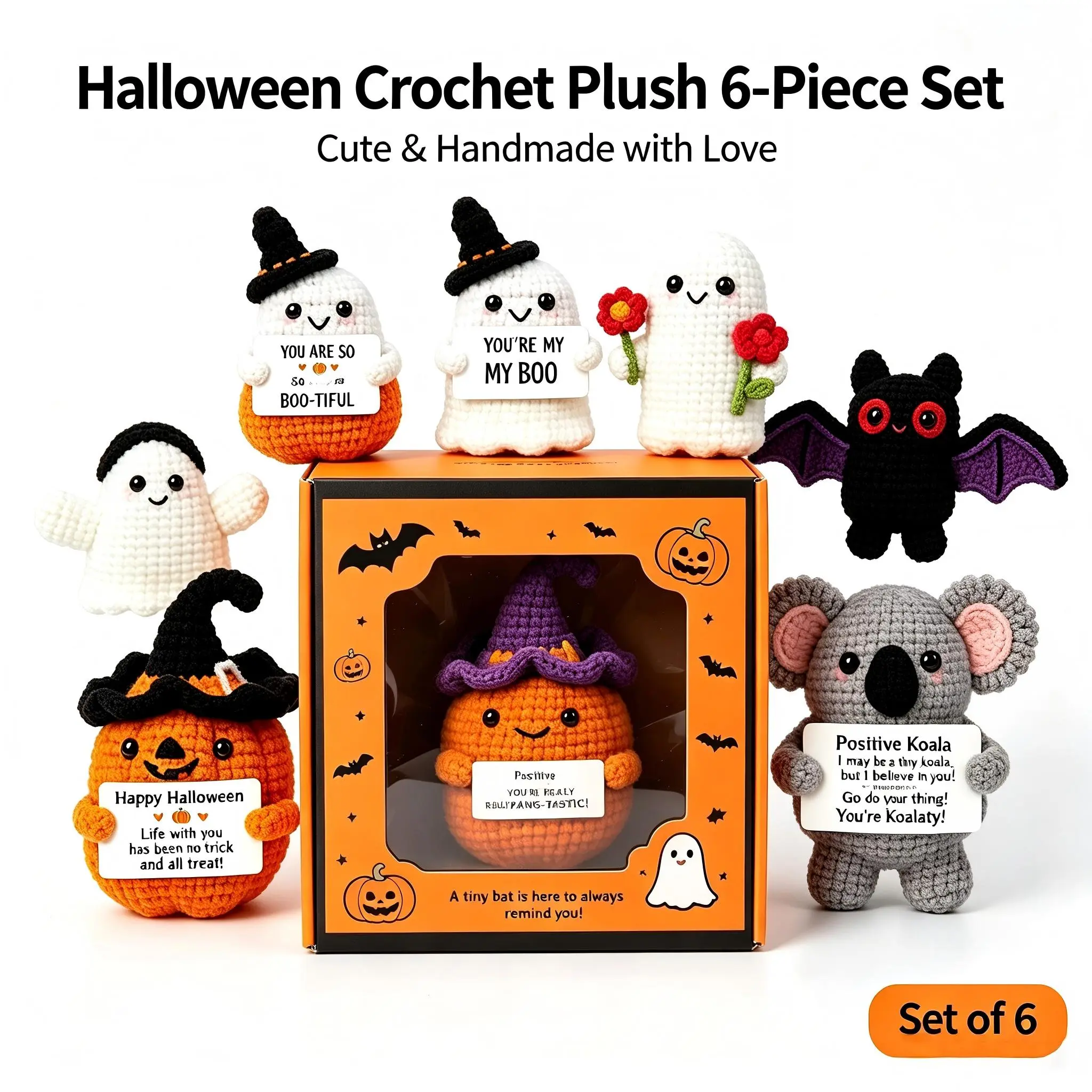 Halloween Handmade Crochet Plush 6-Piece Set, Cute Ghost Bat Pumpkin Koala Stuffed Toys with Positive Affirmation Cards, LED Light Up Gift Box, Holiday Birthday Gift Halloween Desktop Decor for Kids Adults