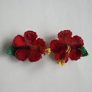 Flor de Maga Red Hibiscus Flower Earrings - Handmade Seed Beads, 24K Gold-Plated Backs, Lightweight Design, Comfortable Fit