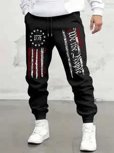Men's American Flag Print Drawstring Waist Pants, Casual Fashion Long Pants, Loose-Fitting Regular Fit, All Seasons Wear