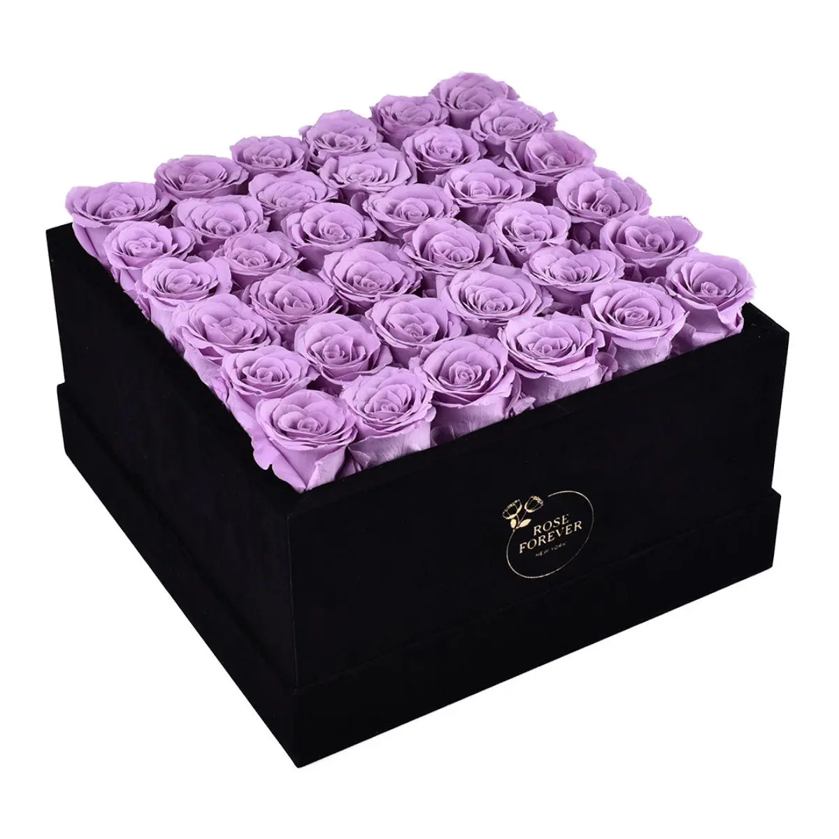 36 Lilac Roses in Black Square Velvet Box, Decorative Artificial Flower Arrangement for Gift, Home Decor Accent