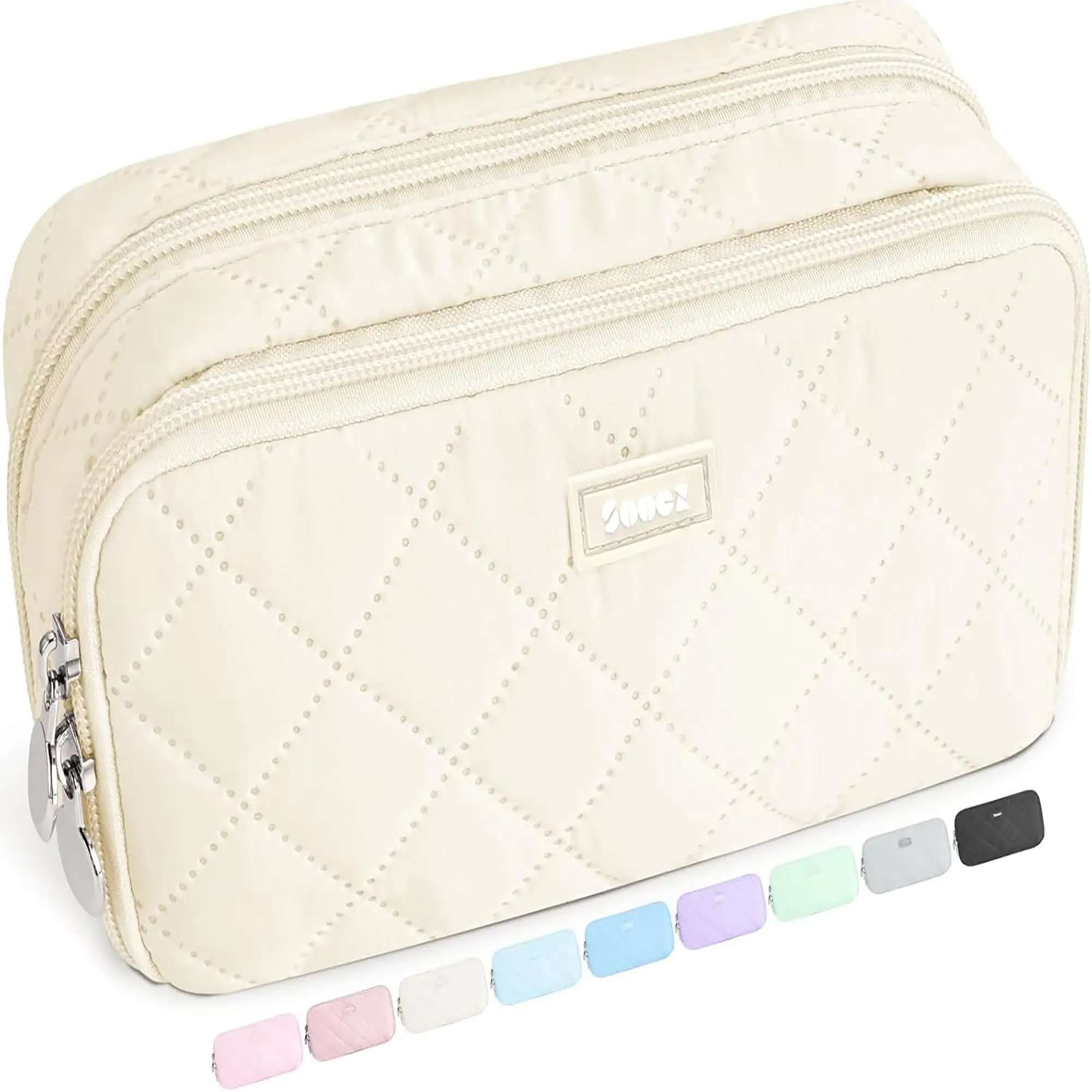 Large Pencil Case Pouch with 8 Compartments - Extra Big Pen Bag Wide Opening, Soft Quilted Organizer for Teen Girls & Office, Beige