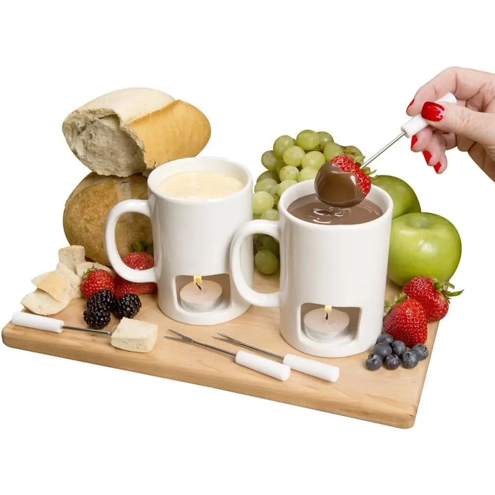 Mini Ceramic Fondue Pot Set (2 Pack) with 4 Cutlery Forks, 8 Candles, Fondue Cups - Chocolate, Cheese, Candy Warmer Tableware for Date Night Gifts, Birthday & Wedding Presents
