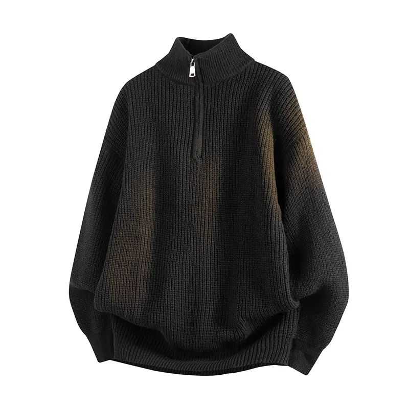 Men's Knit Top, Black Oversized Long Sleeve Mock Neck Half-Zip Pullover, Textured Chunky Polyester Casual Menswear, Turtleneck, Stylish, Fashion, Knitwear, Clothes, Chunky Knit, Wedding, Plain