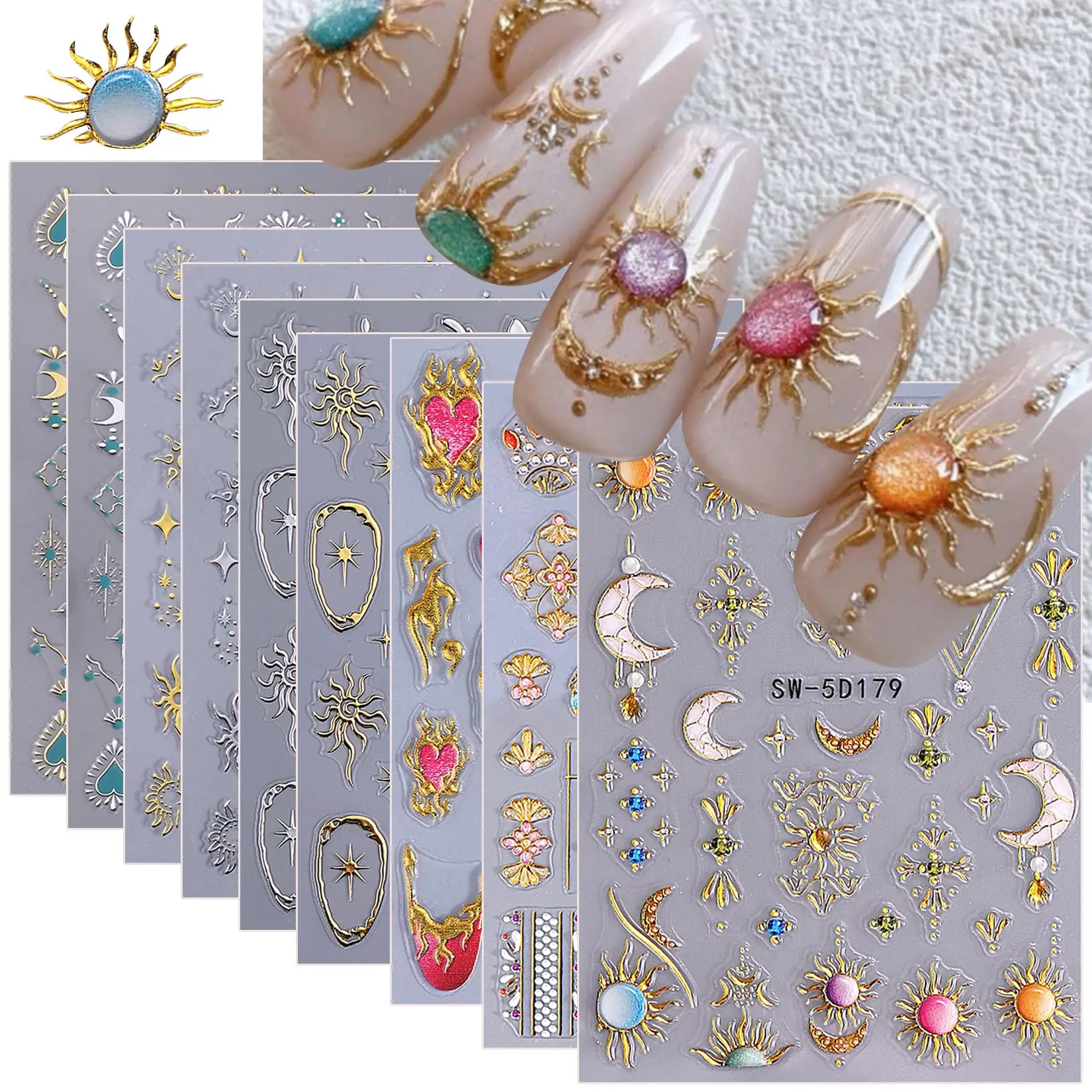 Sun Nail Stickers Decals 9 Sheets Bohemian Style 5D/3D Embossed Self Adhesive Moon Star Heart Flame DIY Metallic Designs Gothic Decoration Supplies for Women SW-5D179, Diy Nails Art, Nail Hacks