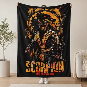Mortal Kombat Scorpion Throw Blanket | "Your Soul Will Burn" Design for Gamer Spaces | Edgy Retro Gaming Gift for Fighting Game Fans
