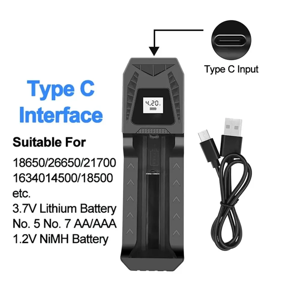 Smart LCD Display Type C USB Interface Battery Charger, 1-4 Slots, Compatible with 4.2v Li-Ion 18650 Batteries & 1.2v Ni-Mh Aa Aaa Rechargeable Batteries