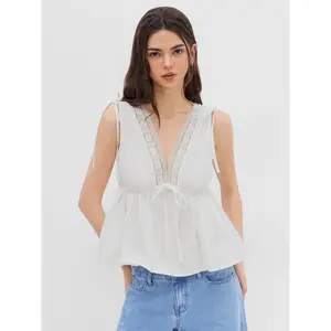 Cider Cotton-blend V-neck Lace Trim Ruffle Hem Knotted Tank Top SummerWins