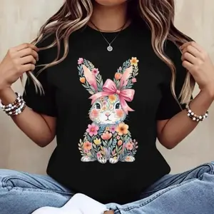 Casual Womens Round Neck Short Sleeve T Shirt Featuring Easter Bunny With Pink Bow And Colorful Swirls Perfect For Spring Festivals And Outdoor Leisure