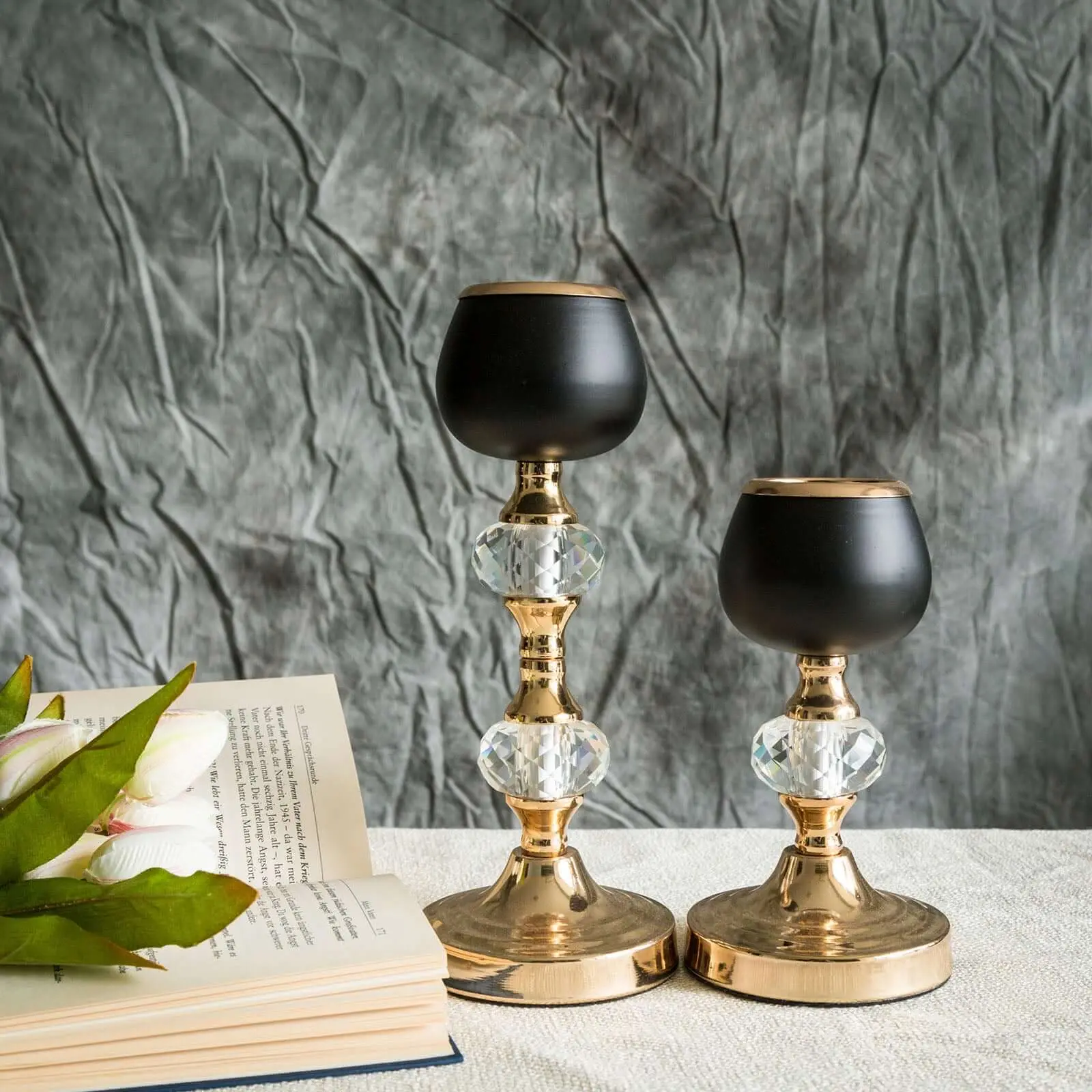 Metal Crystal Votive Candle Holders Set of 2 (7in, 11in) - Gold/Black Tea Light Stands for Home Decor, Wedding Chic Events