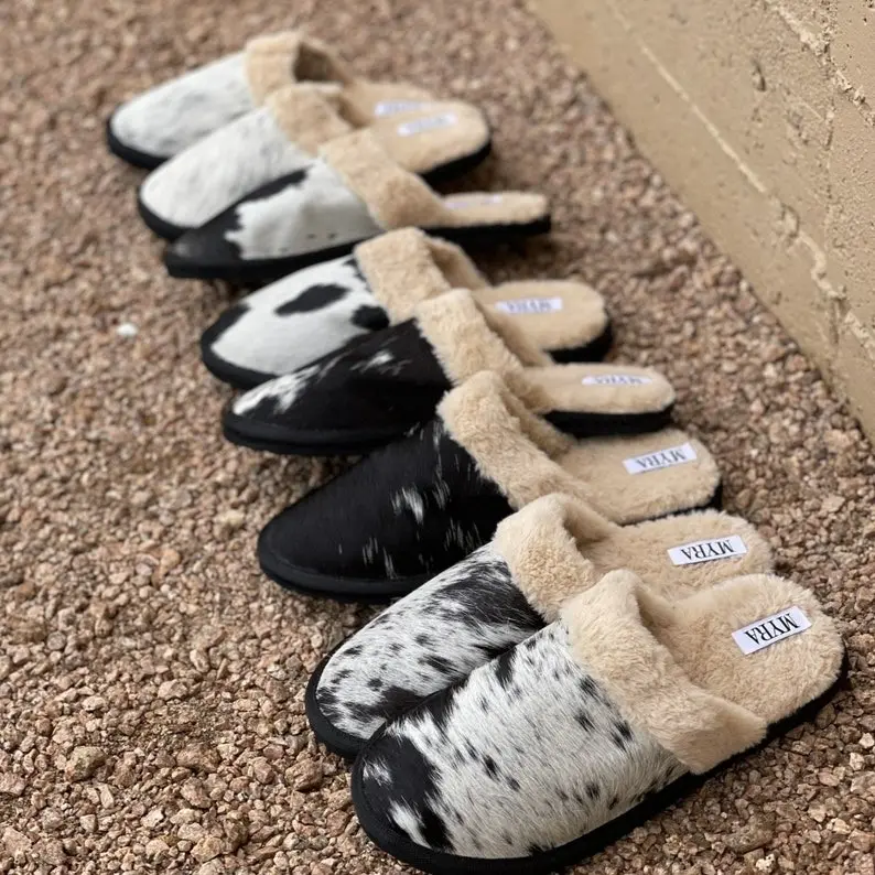 Authentic Cowhide Slippers - Salt & Pepper - Women's Slippers