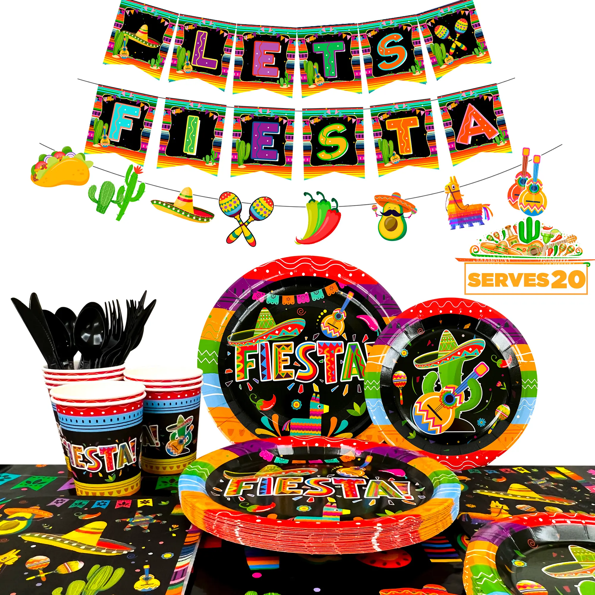 Mexican Themed Fiesta Party Supplies, 163 pcs Mexican Party Paper Tableware set, Including Fiesta Plates Cups Napkins Tablecloth and Banner ect, Fiesta Themed Party Supplies, for 20 Guests
