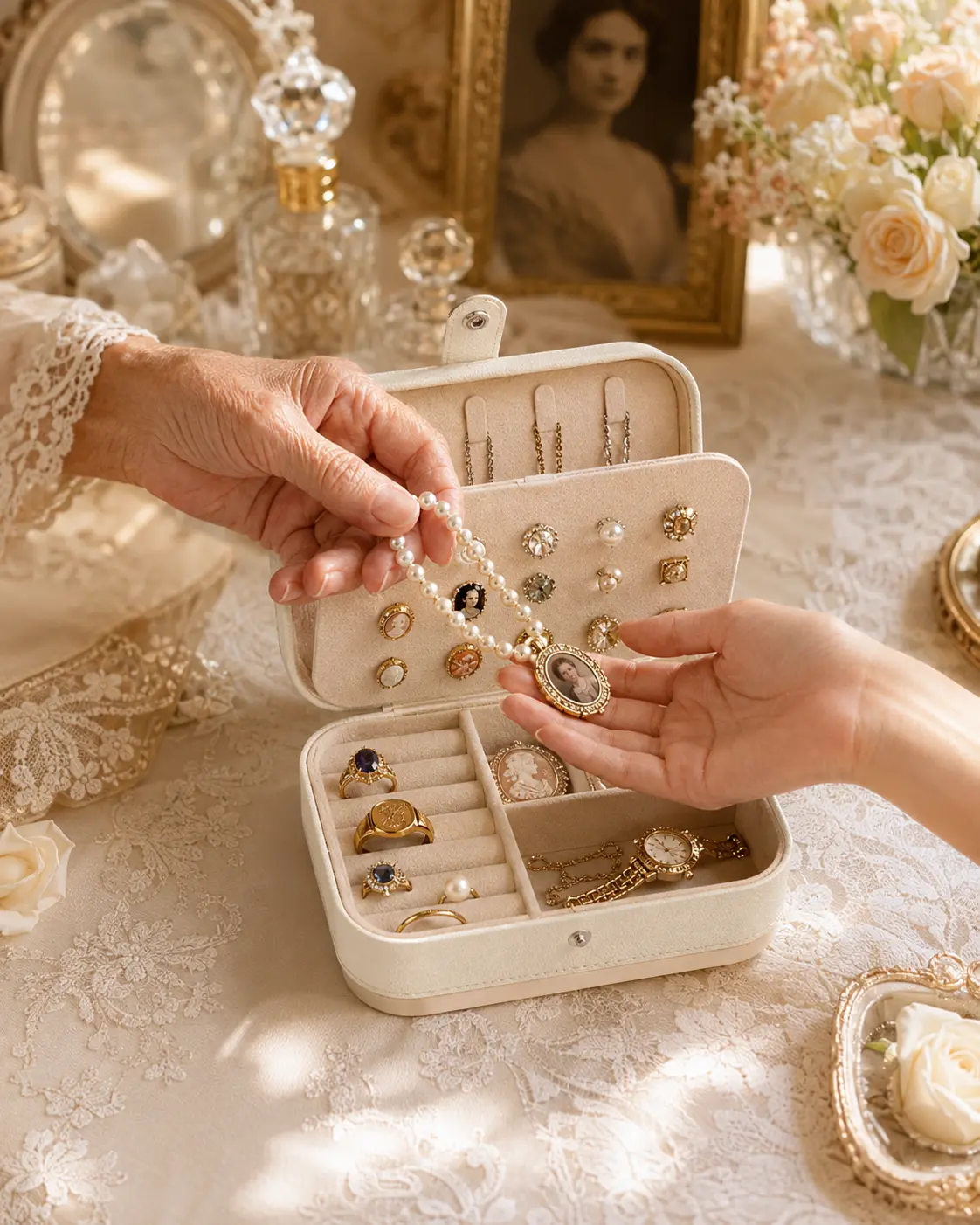 Travel Jewelry Case for Women, Small PU Leather Jewelry Organizer Box with Ring, Earring & Necklace Storage, Compact Portable Jewelry Case for Travel, Beige
