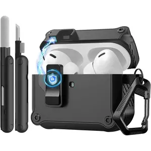 Case for Airpods Pro 3 (2025) with Secure Lock Clip, Automatic Pop-up Full Drop Protective Hard Cover for Apple AirPod Pro 3rd Generation with Climbing Hook & Cleaning Kit, Black Audio Headphone Protection Headset Noise Cancelling Earbuds