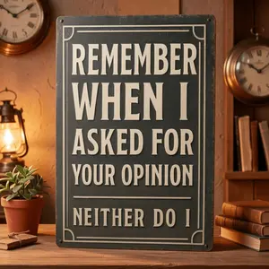 A 2D Flat Vintage Metal Sign Measuring 8X12 Inches with The Phrase "I Remember Asking for Your Opinion, But I Didn'T Ask". It'S a Humorous Tin Sign/Metal Wall Art/Humorous Retro Decoration, Suitable for Home Decor, Restaurant Decor