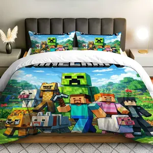 3PCS Duvet Cover Set, 1 Duvet+2 Pillowcases(Without filler), Pixel Art Adventure Building Game Characters theme, Christmas bedding set, Soft Microfiber Quilted Suitable for decoration bedroom, guest room,  room, gaming room.