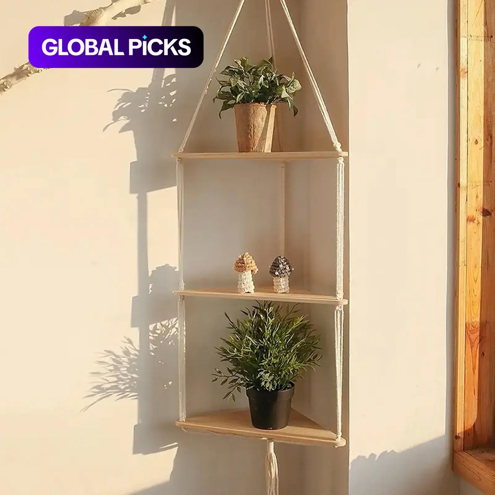 Wooden Wall-Mounted Space Saving Design Hanging Rack, 1 Count Boho Triangle Corner Wall Shelf, Home Decor Room Accessories for Bedroom, Living Room or Study #GLOBAL PICKS