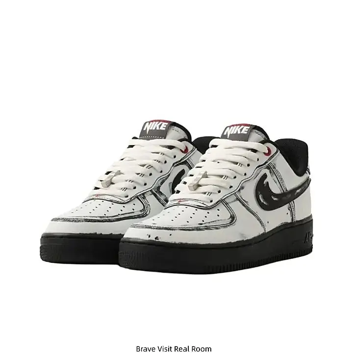 White Black Sketch Graffiti Print Black Swoosh Retro Low Top Air Force Casual Sneakers Black Rubber Outsole Smooth Leather Daily Walking Shoes for Men Women Street Fashion Trainers
