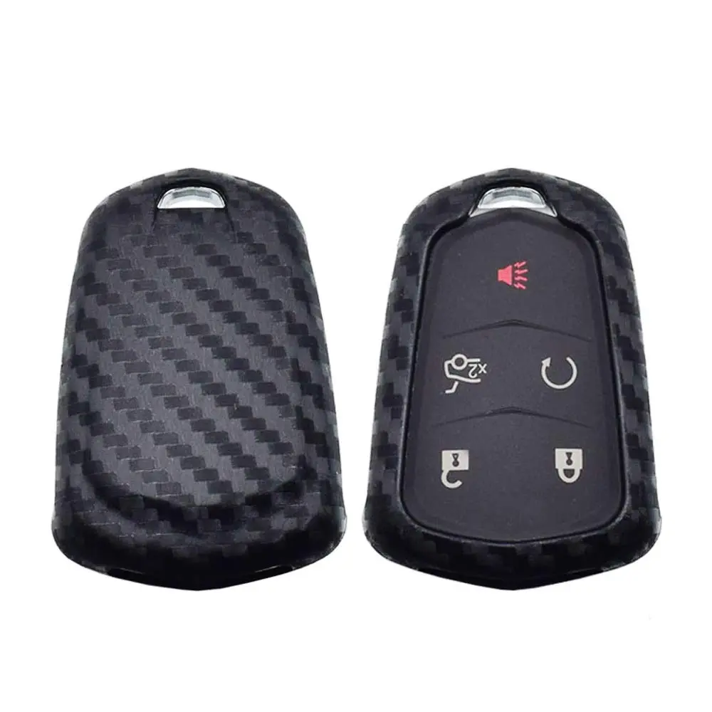 iJDMTOY Carbon Fiber Finish Soft Silicone Key Fob Cover For 2015-up Cadillac ATS CTS CT6 ELR XTS XT5 SRX Escalade Shield Shape Smart Key (Black Twill Weave Pattern)