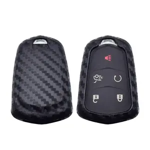 iJDMTOY Carbon Fiber Finish Soft Silicone Key Fob Cover For 2015-up Cadillac ATS CTS CT6 ELR XTS XT5 SRX Escalade Shield Shape Smart Key (Black Twill Weave Pattern)