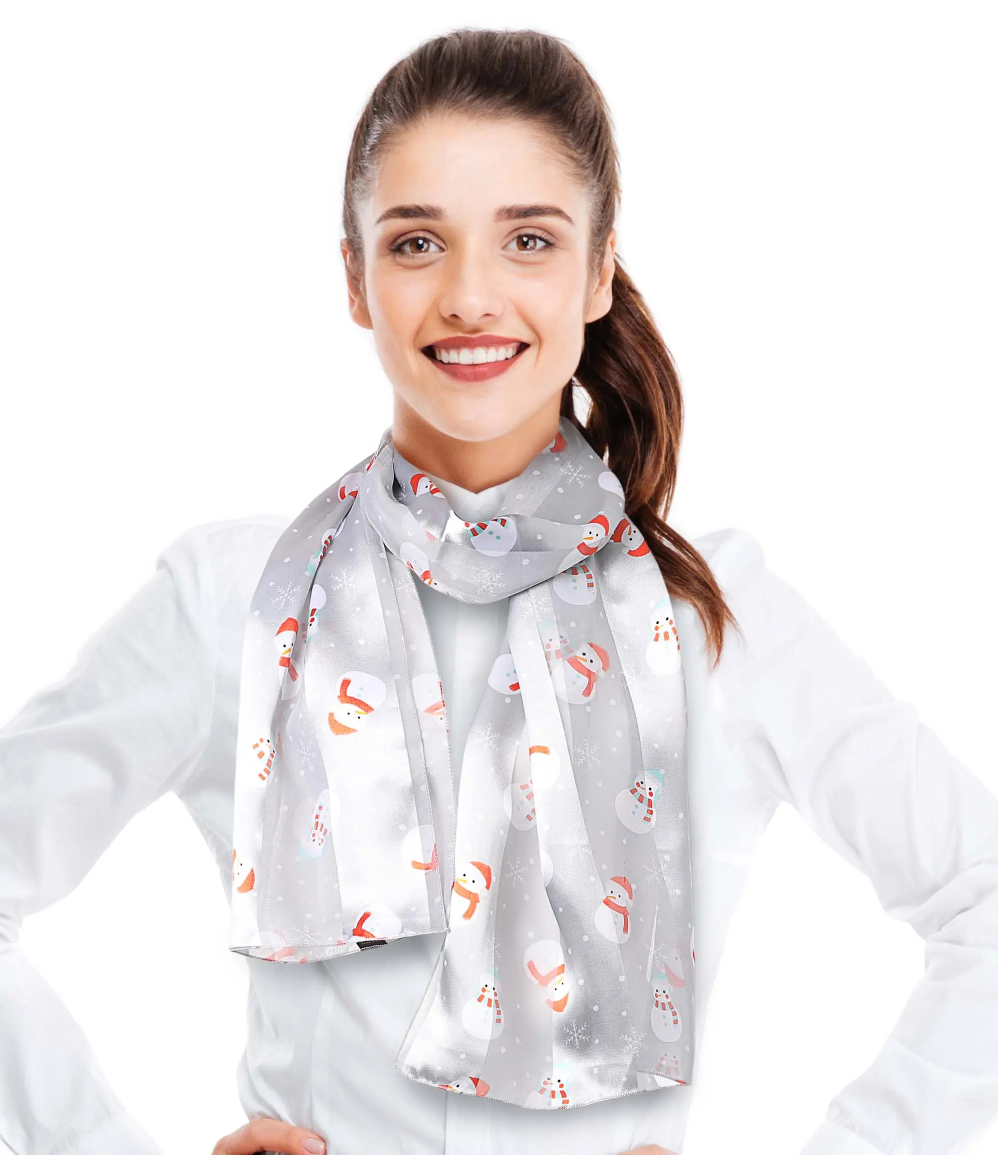 CBC Crown Scarf for Women, Lightweight Christmas Snowman Print Silk-Feel Polyester Accessory for Clothes, Silver, Daily Casual, 13" x 60", Hand Wash, Basic, Printed Pattern, Female