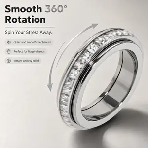 Silver Zircon Spinner Anxiety Ring for Women, Stainless Steel Fidget Ring, Rotatable Cubic Zirconia Band, Anti Stress Jewelry Gift