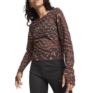 PUMA Womens Dare To Graphic Mesh Crew Neck Long Sleeve Casual Tops Casual - Grey