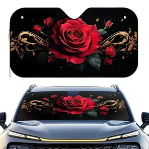 1pc Valentine's Day blooming rose car windshield sunshade - Fashionably designed red roses, with gold decorations, keeps your vehicle cool. Includes 4 suction cups for easy installation, foldable for storage, suitable for cars, SUVs and trucks.