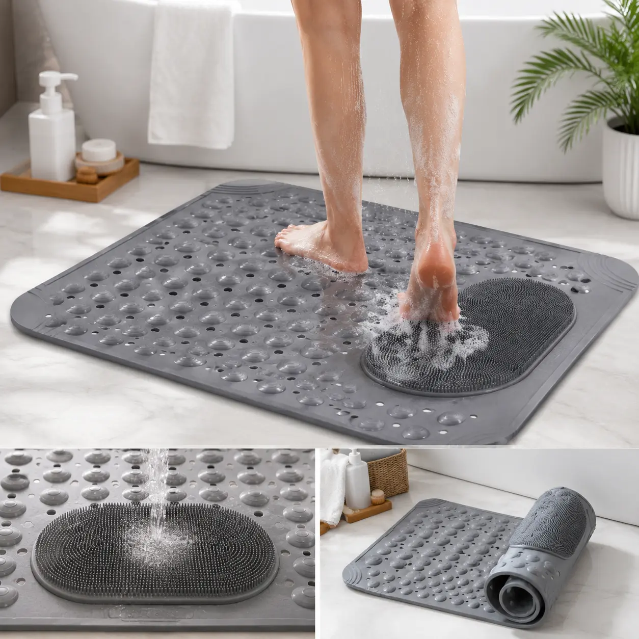27x14 Inch Grey Non-slip Bathtub Mat, Non-Slip Massage Shower Mat, shower mat anti slip Shower Mat with Massage Brush Drain Holes Suction Cups for Inside Shower