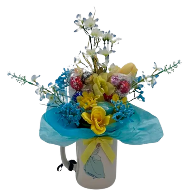 Princess Mug Bouquet Gift - Enchanting Princess Mug with Vibrant Blue & Yellow Florals, Lindt Lindor Chocolates, and Mesmerizing Candle
