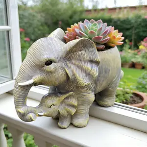 Resin Craftsmanship Mother Elephant Flower Pot Ornament, Home Decorative Item, Creative Design for Living Room & Entryway