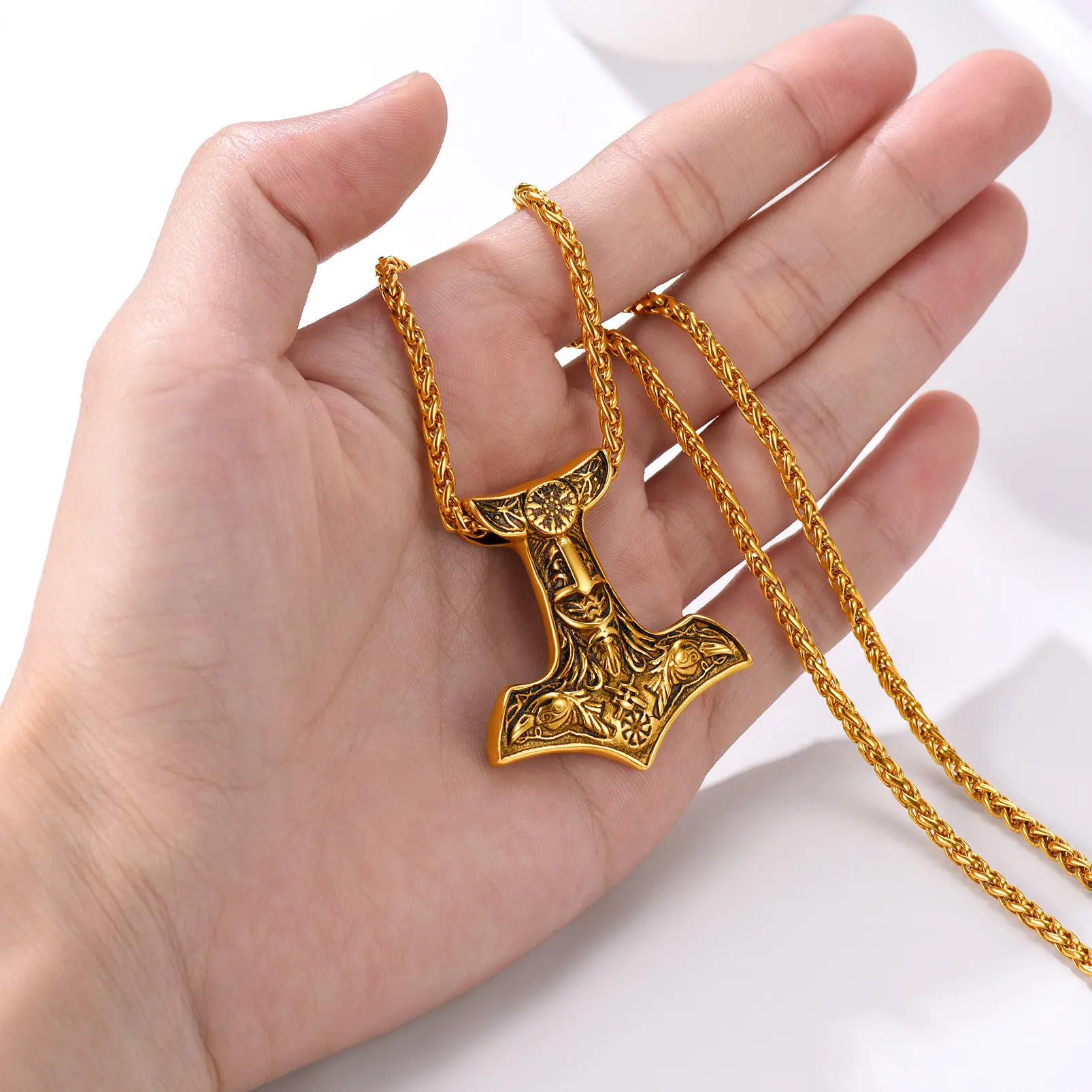 U7 Viking Thor's Hammer Necklace Odin Necklace for Men Amulet Jewelry With Wheat Chain