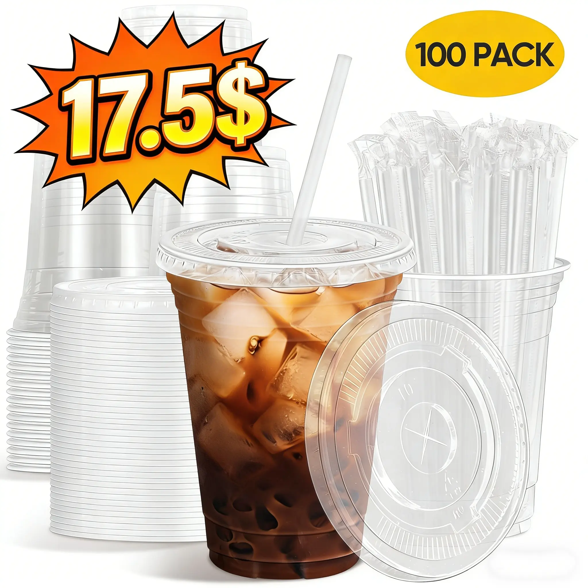 【Flash sale】16oz-20oz-24oz/ Disposable Cups 100-Pack with Lids Straws Sturdy Clear for Game Day BBQs Picnics#tiktokshopsummersale