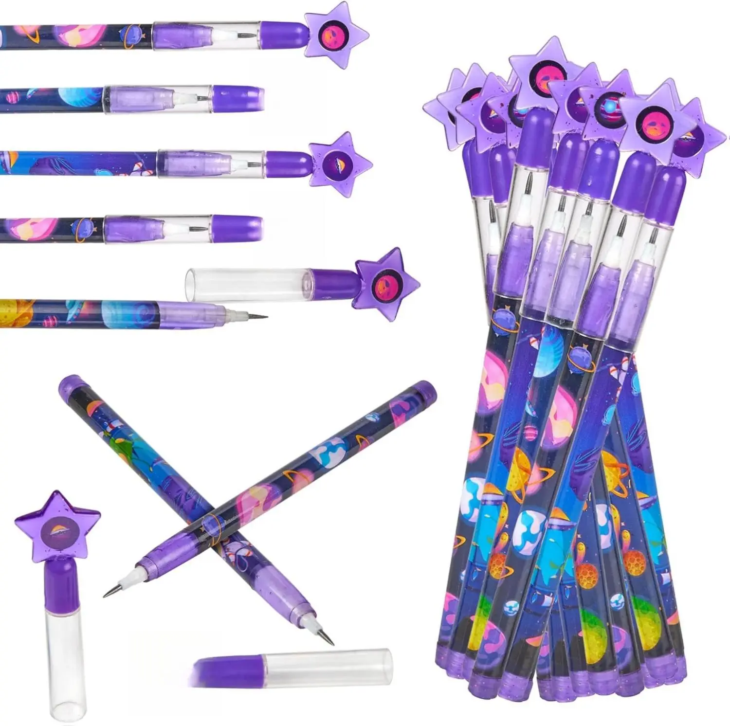 Outer Space Pop Pencils - 24 Pack - Multipoint Pencil NASA Birthday Party Stackable Pre-Sharpened Classroom Writing Tools for Students, Teachers, Girls, Boys