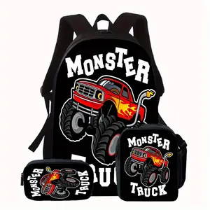 Durable Water Resistant 3-Piece Backpack Set for Kids, Lightweight School Bag with Lunch Box, Featuring Bold "MONSTER TRUCK" Letter Print, Red Flame Monster Truck with Giant Tire Cartoon Graphic on Black Background for Truck Fans Daily School & Outdoor Ac