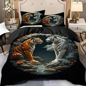 2/3 Pcs Double Tiger Confrontation Duvet Cover Set(1* Duvet Cover+1/2* Pillowcase,No Filling)Soft High-End Digital Printed Bedding Set, Perfect Gift For Family,Friends During The New Year Holiday!Suitable For All Year Round!Machine Washable
