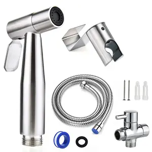 Handheld Toilet Bidet Sprayer, Water Pressure Adjustable Sprayer with Hose and 7/8 "T-Valve, Jet Spray and Soft Spray, for Toilet, Bidet, Shower etc., Stainless Steel, Silver outdoorfun