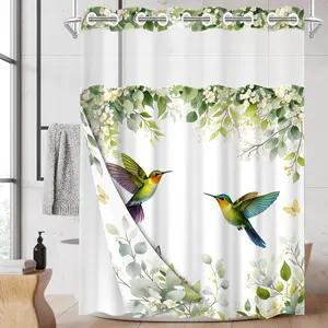 1PC Double Layer Shower Curtain, No Hooks, Installation, Watercolor Hummingbird Print Waterproof Fabric, Botanical Bathroom Decor, Calming Whimsical Aesthetic, Hotel Bathroom Accessory, Detachable Buckle Shower Curtain and Liner, Bathroom Room Divider