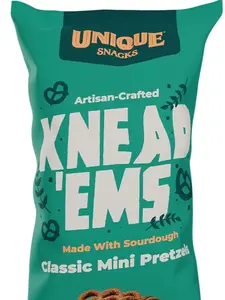 Unique Snacks Knead 'Ems, Sourdough Mini Pretzels, Artisan-Crafted Vegan Snacks, Non-GMO, Kosher Chips, 11 oz. Snack Bags, Pack of 6