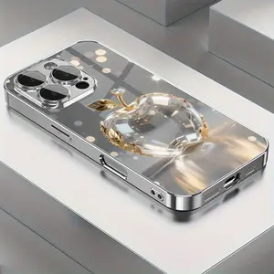 This is a 3-piece set packaging including a phone case and two screen protectors with luxurious, shiny, transparent crystal design. The electroplated phone case features fashionable Apple print patterns and lens protection, compatible with various iPhone